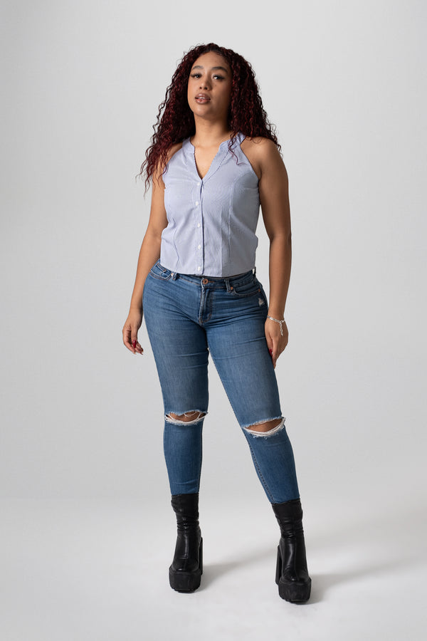 Blusa Rayas Azul sin Mangas