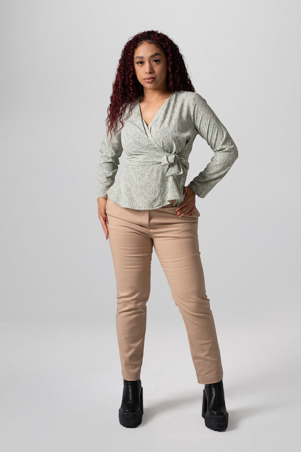 Blusa cruzada con lazo manga larga mujer