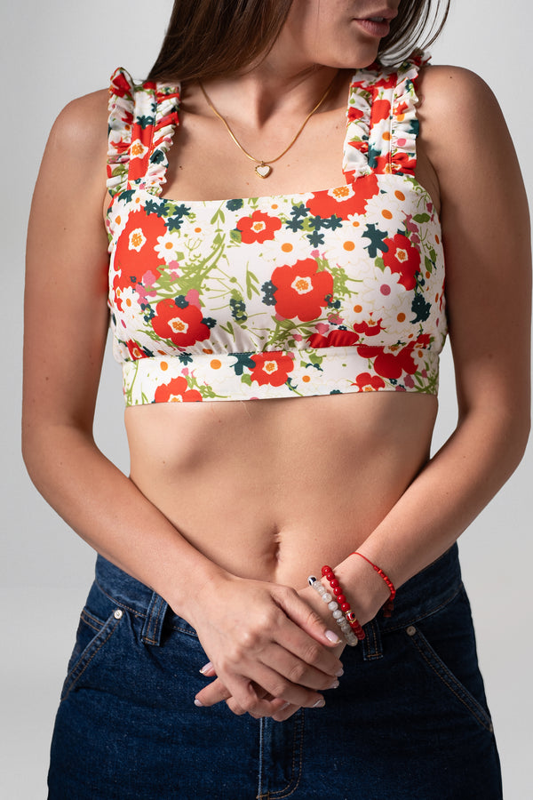 Crop Top Flores con Tiras Rucheadas