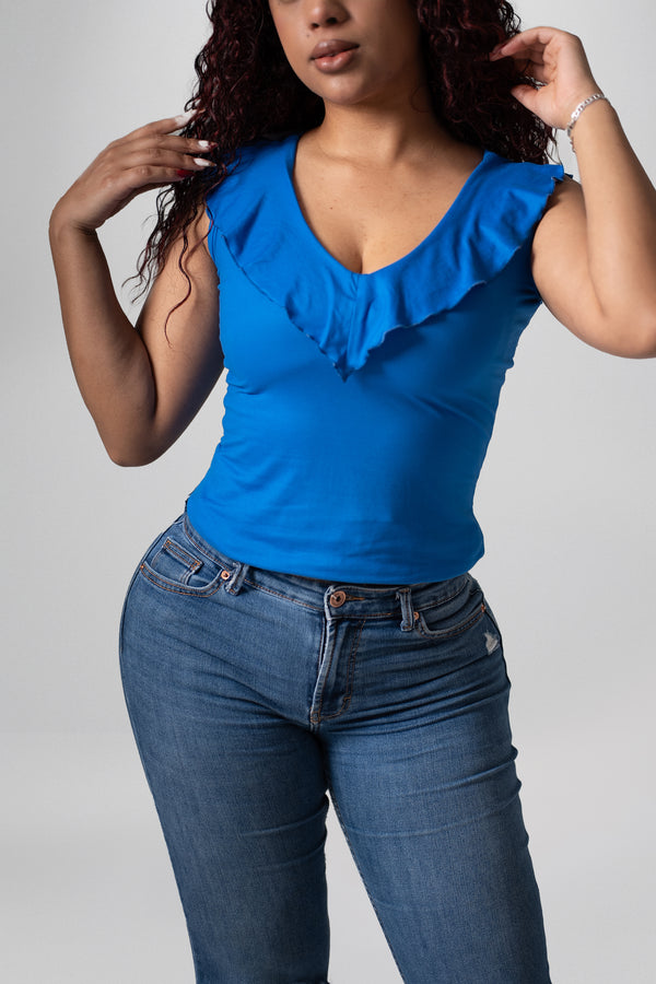 Top Azul Escote V con Ondas