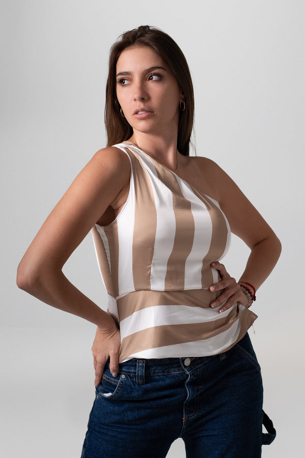 Top Rayas Beige Un Hombro