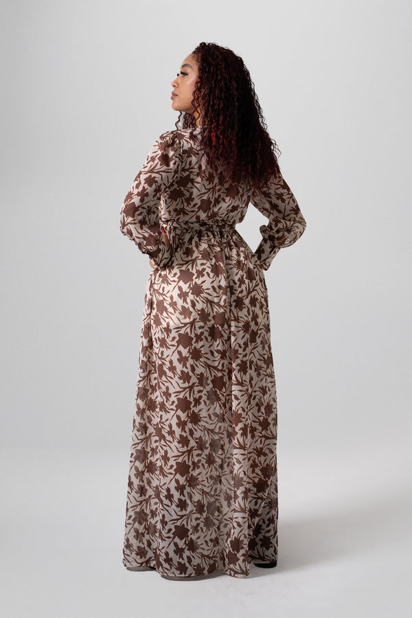 Vestido largo cruzado estampado floral con manga larga