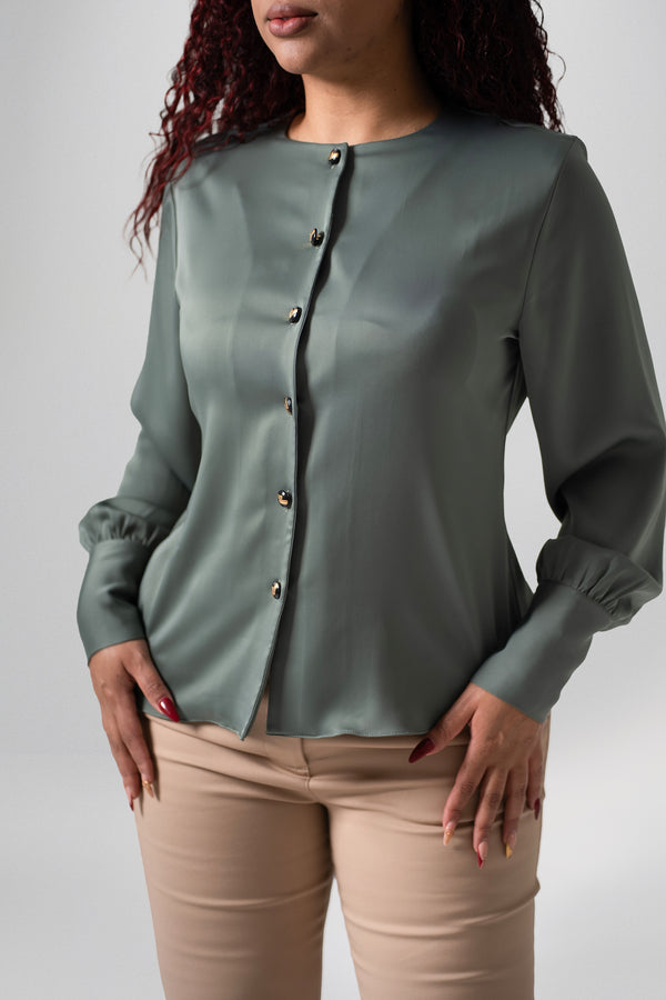 Blusa satinada manga larga con cuello redondo