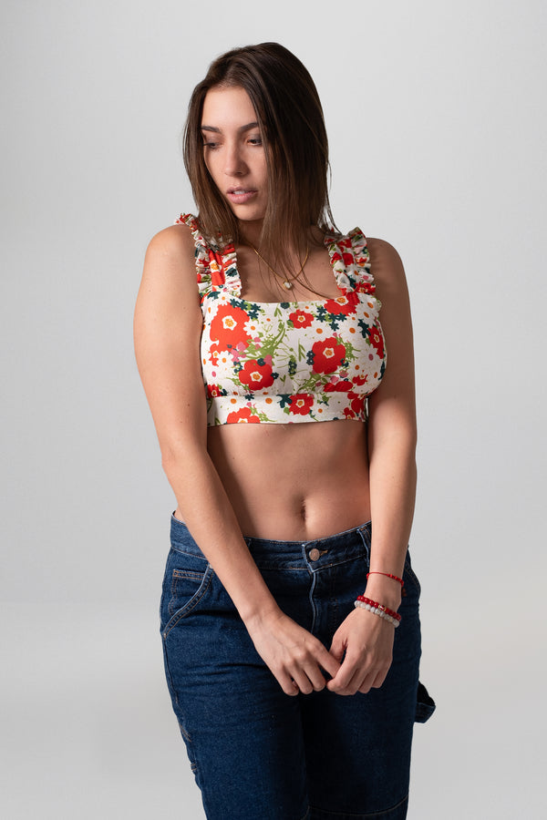 Crop Top Flores con Tiras Rucheadas